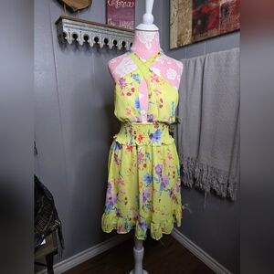 Rays For Days Floral Backless Lined Halter Sun Dress - Yellow Ruched Waist SZ SM